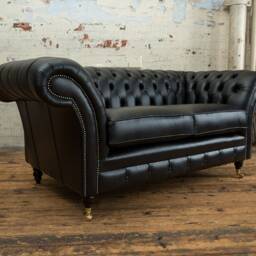 2 Seater Vintage Black Leather Chesterfield Sofa, British Handmade - thumbnail 3