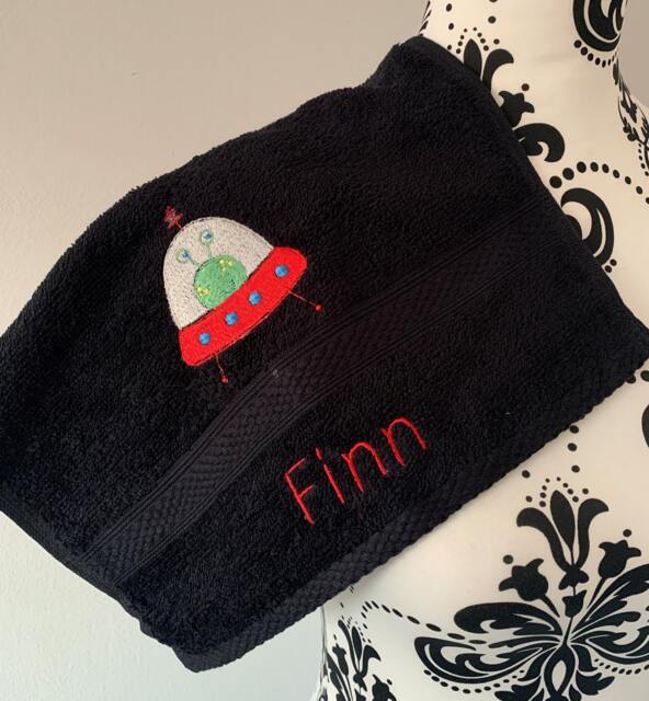 Alien Spaceship Towel - Personalised Face Cloth/Hand Bath = Embroidered - image 1