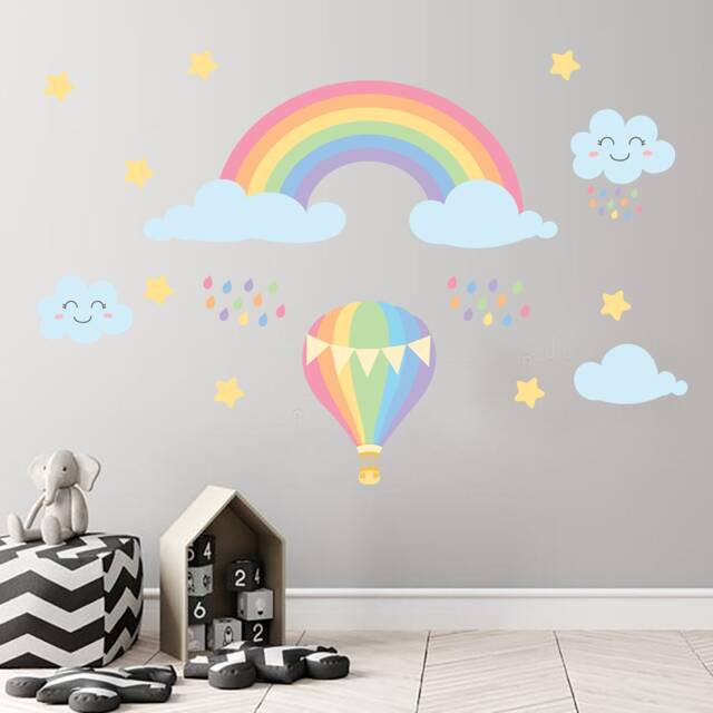 Watercolour Rainbow Hot Air Balloon Wall Sticker Set, Decal, Room Decor, Unicorn, Nursery, Bedroom, Girl Boy, Window - image 1