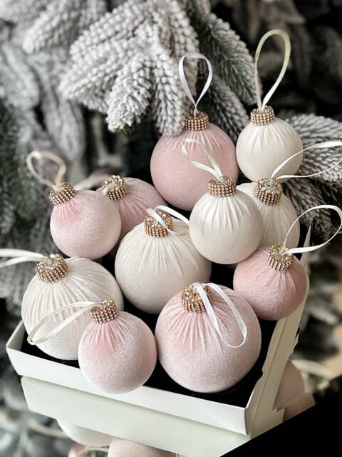 Velvet Christmas Ornament Set 12Pc, Blush Pink Ivory Luxury Baubles - image 1
