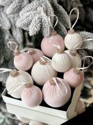 Velvet Christmas Ornament Set 12Pc, Blush Pink Ivory Luxury Baubles - thumbnail 1