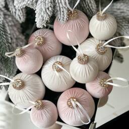 Velvet Christmas Ornament Set 12Pc, Blush Pink Ivory Luxury Baubles - thumbnail 3