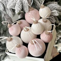 Velvet Christmas Ornament Set 12Pc, Blush Pink Ivory Luxury Baubles - thumbnail 2