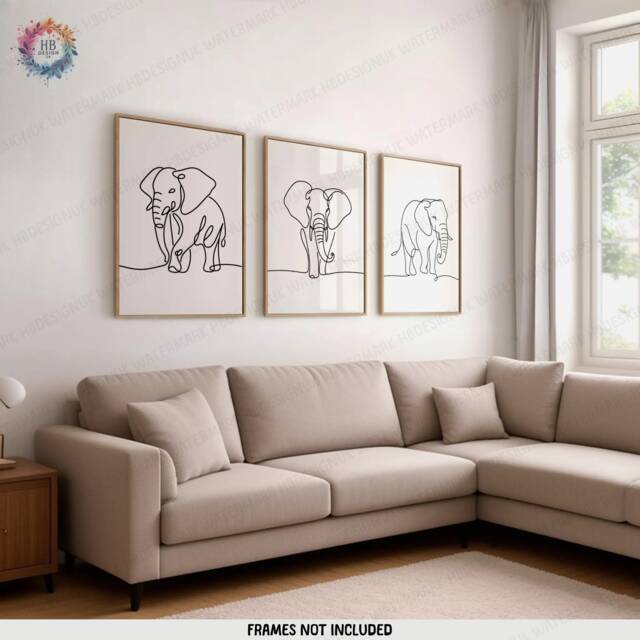 Minimalist Elephant Prints - Set Of 3 Posters - Line Drawing Decor Print Animal Wall Art Wildlife Gift Minimal Picture Elephants - image 1