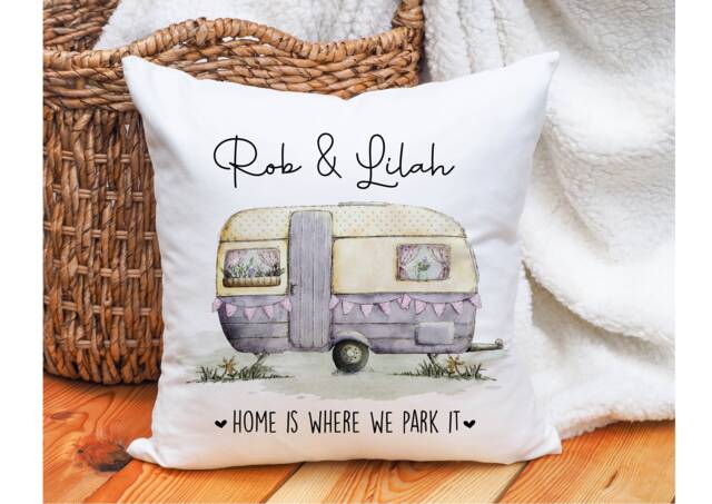 "Personalized Caravan Cushion Cover ""Home Is Where We Park It"