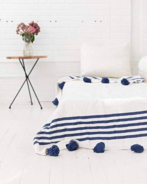 Pom Throw Blanket - Handmade Moroccan Organic Tassel Throw Bedroom Cozy Gift - image 1