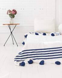 Pom Throw Blanket - Handmade Moroccan Organic Tassel Throw Bedroom Cozy Gift - thumbnail 1