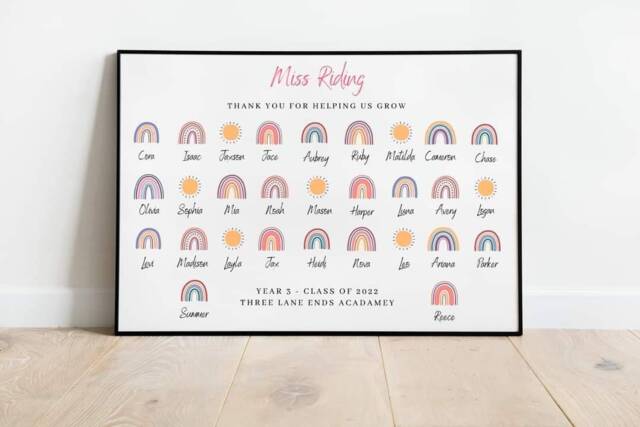 Personalised Teacher End Of Year Thank You Gift - Rainbow Wall Print Pupil Leaving Teaching Assistant Keepsake Class Names - image 1