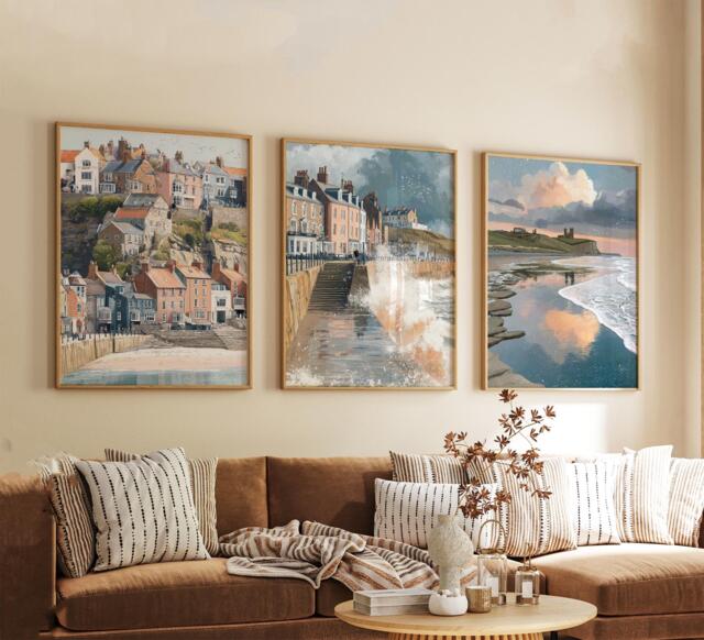 Set Of 3 Whitby Posters, Yorkshire Coastal Wall Art, Seaside Print Set, Beach Decor, Modern Travel Artwork, British Landscape - image 1