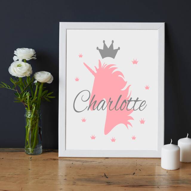Personalized Unicorn Print, Girl's Room Wall Art, Framed Birthday Gift - image 1
