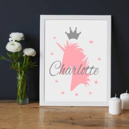Personalized Unicorn Print, Girl's Room Wall Art, Framed Birthday Gift - thumbnail 1