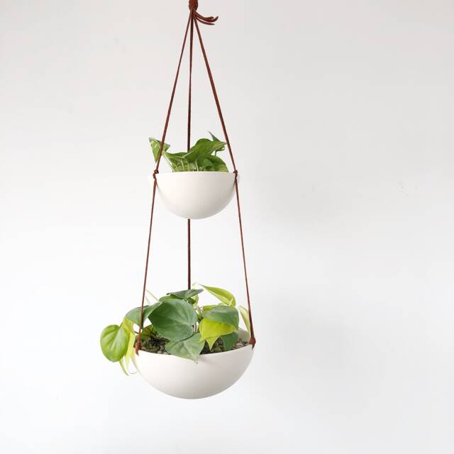 Two-Tiered Hanging Planter White Ceramic Bowls With Leather Cord - image 1