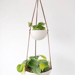 Two-Tiered Hanging Planter White Ceramic Bowls With Leather Cord - thumbnail 2