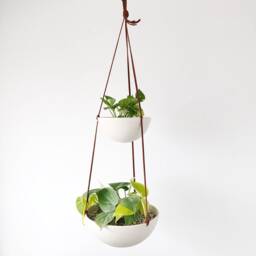 Two-Tiered Hanging Planter White Ceramic Bowls With Leather Cord - thumbnail 3