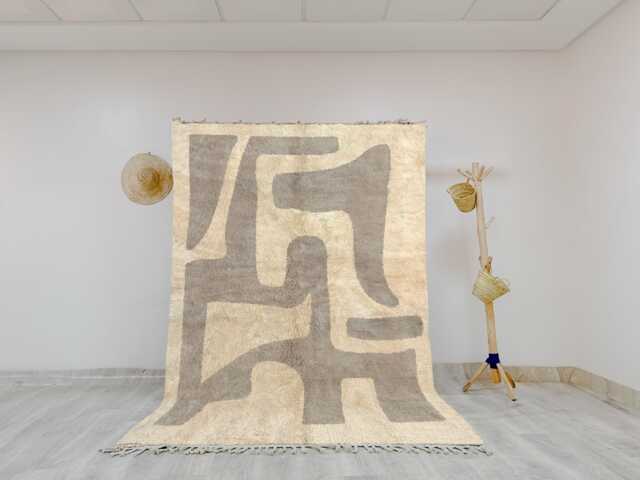 Modern Abstract Moroccan Rug - Taupe & Cream Bold Shapes Minimalist Handmade Wool Shag Rug, Beni Ourain Inspired Carpet, Neutral Berber - image 1