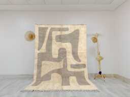 Modern Abstract Moroccan Rug - Taupe & Cream Bold Shapes Minimalist Handmade Wool Shag Rug, Beni Ourain Inspired Carpet, Neutral Berber - thumbnail 1