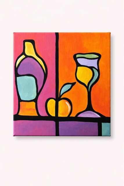 Bold Pop-Art Still Life. Hand-Painted Acrylic On Canvas Vibrant Wine Bottle, Glass & Apple. 8 X Inch. Home Decor. Wall Hanging. Artwork - image 1