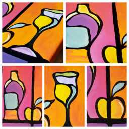 Bold Pop-Art Still Life. Hand-Painted Acrylic On Canvas Vibrant Wine Bottle, Glass & Apple. 8 X Inch. Home Decor. Wall Hanging. Artwork - thumbnail 2