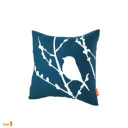 Dark Teal Bird On Cherry Blossom - Mini 10.5 Inches Square Pillow - thumbnail 2