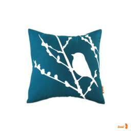 Dark Teal Bird On Cherry Blossom - Mini 10.5 Inches Square Pillow - thumbnail 1