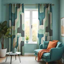 Retro Teal Curtains, Mid Century Modern Geometric Drapes, Abstract Wave Pattern Window Panels, Classic Style Living Room Home Decor