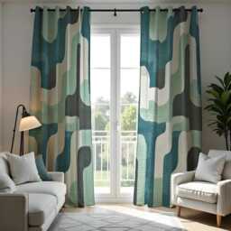 Retro Teal Curtains, Mid Century Modern Geometric Drapes, Abstract Wave Pattern Window Panels, Classic Style Living Room Home Decor - thumbnail 3