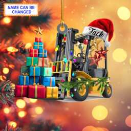 Custom Name Forklift With Santa Hat & Christmas Giftbox Ornament, Tree Hanging Decor, Flat 2D Ornament - thumbnail 1