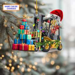 Custom Name Forklift With Santa Hat & Christmas Giftbox Ornament, Tree Hanging Decor, Flat 2D Ornament - thumbnail 2
