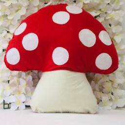 Red Toadstool Cushion Handmade Felt Mushroom Plushie - Woodland Room Decor Fairy Garden Statement Pillow Reading Corner Cosy Cushion - thumbnail 4