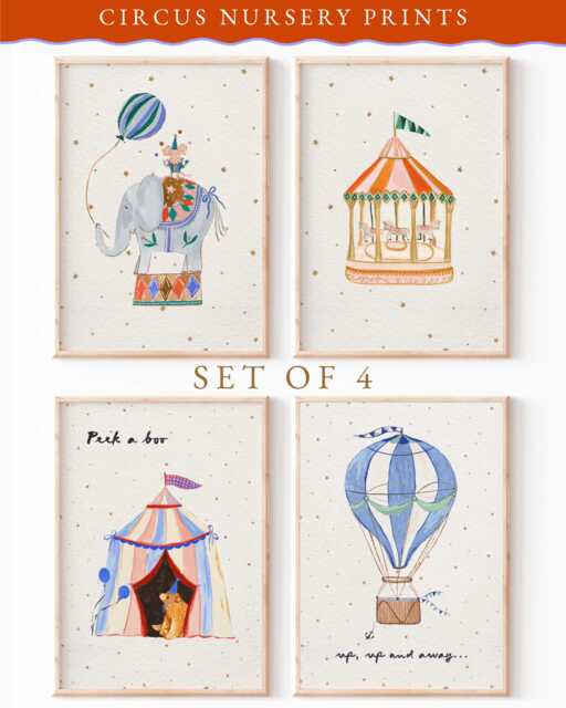 Circus Prints - Print -Vintage Nursery Fun Fair Illustrations Painted Illustration Unframed Baby Child Artwork Set Of 4 - image 1