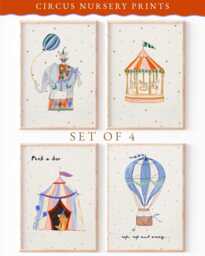 Circus Prints - Print -Vintage Nursery Fun Fair Illustrations Painted Illustration Unframed Baby Child Artwork Set Of 4 - thumbnail 1