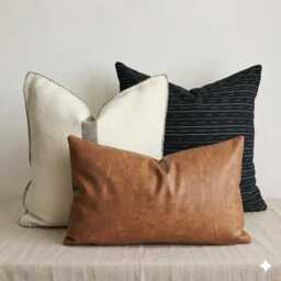 Farmhouse Pillow Cover Set, Thai Woven, Faux Leather, Tribal Decor