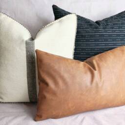 Farmhouse Pillow Cover Set, Thai Woven, Faux Leather, Tribal Decor - thumbnail 2