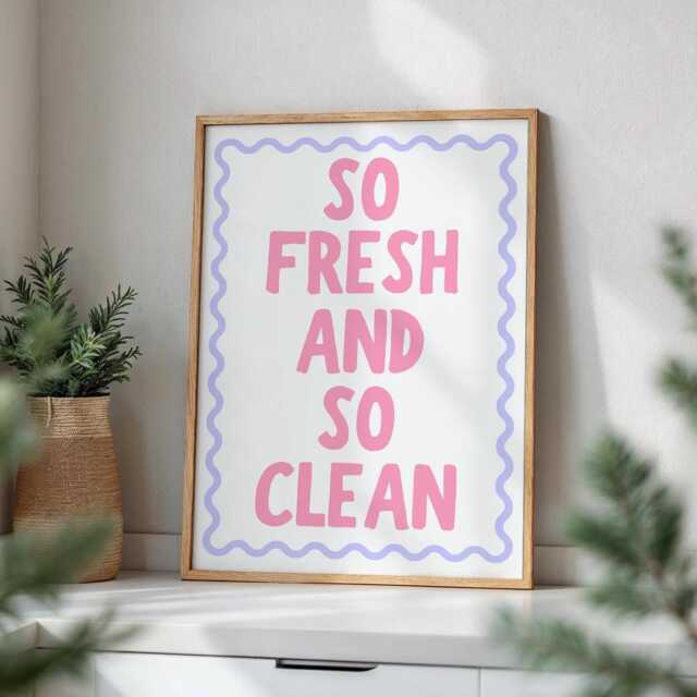 So Fresh & Clean Pink Purple Bathroom Art, Girly Wall Art, Funky Retro Print, Funny Bold Poster, Playful Decor, Trendy Sign - image 1