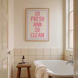 So Fresh & Clean Pink Purple Bathroom Art, Girly Wall Art, Funky Retro Print, Funny Bold Poster, Playful Decor, Trendy Sign - thumbnail 3