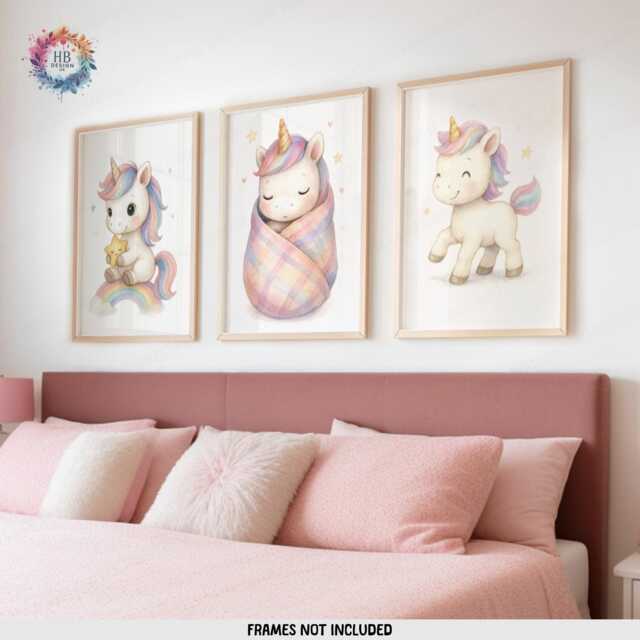 Baby Unicorn Nursery Prints - Set Of 3 - Girls Bedroom Decor Rainbow Wall Art Print - image 1