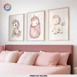 Baby Unicorn Nursery Prints - Set Of 3 - Girls Bedroom Decor Rainbow Wall Art Print - thumbnail 1
