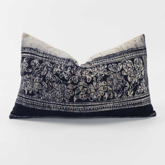 Vintage Hmong Indigo Batik Pillow Cover - Rustic Lumbar Cushion, 12x20 - image 1