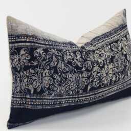 Vintage Hmong Indigo Batik Pillow Cover - Rustic Lumbar Cushion, 12x20 - thumbnail 4