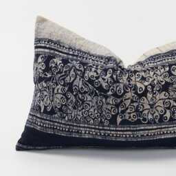 Vintage Hmong Indigo Batik Pillow Cover - Rustic Lumbar Cushion, 12x20 - thumbnail 2