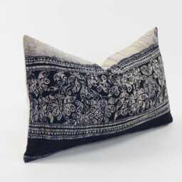 Vintage Hmong Indigo Batik Pillow Cover - Rustic Lumbar Cushion, 12x20 - thumbnail 3