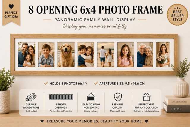 Multi Photo Picture Frame Oak Effect, Holds Eight 4x6 Photos - image 1