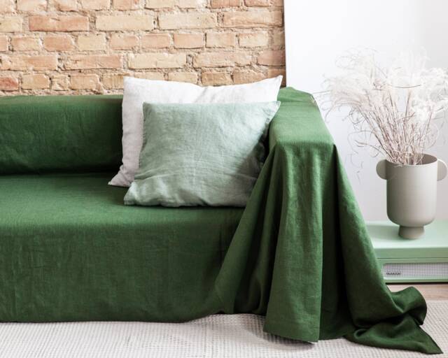 Linen Couch Blanket. Extra Big Cover in Forest Green Color. Sofa Blanket For Gift. Softened Linen Blanket 47 Colors - image 1