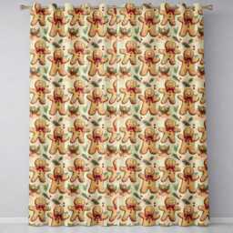 Cute Gingerbread Cookies With Red Bows & Holly Leaves Seamless Pattern Readymade Eyelet Ring Top Thermal 100% Blackout Curtains - thumbnail 2