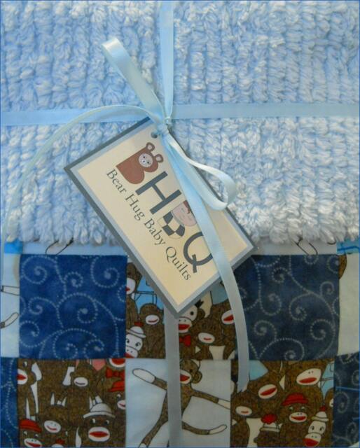 Sock Monkey Baby Quilt Blue Chenille Back, Handmade Crib Blanket - image 1