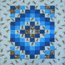 Sock Monkey Baby Quilt Blue Chenille Back, Handmade Crib Blanket - thumbnail 2