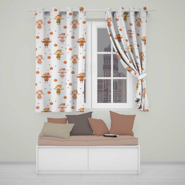 Cute Autumn Scarecrow Pumpkins Birds Cream Seamless Pattern Readymade Eyelet Ring Top Thermal 100% Blackout Curtains - image 1