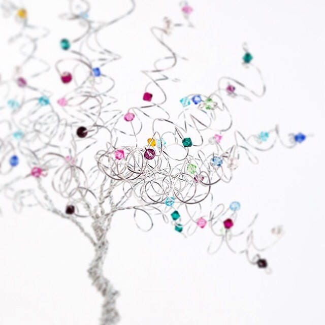 Family Tree Wire Art Gem Birthstone Swarovski Crystal Sculpture Mothers Day Grandmother Gift Custom Genealogy - image 1