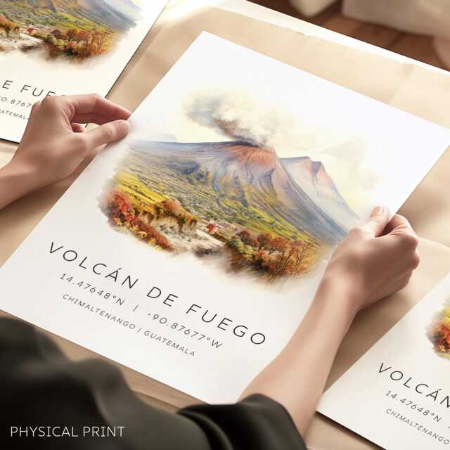 Volc??n De Fuego Travel Poster, Guatemala Volcano Print, Wall Art, Central America Gift - image 1