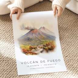Volc??n De Fuego Travel Poster, Guatemala Volcano Print, Wall Art, Central America Gift - thumbnail 2